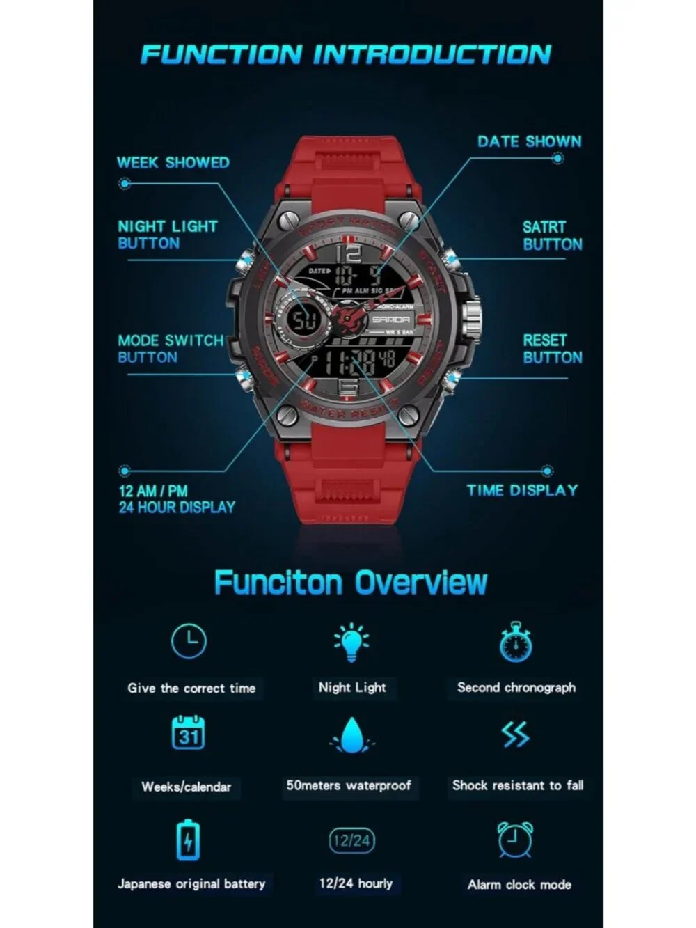 Men's Red And Black Analog Quartz Sports Waterproof Military LED Digital Watch